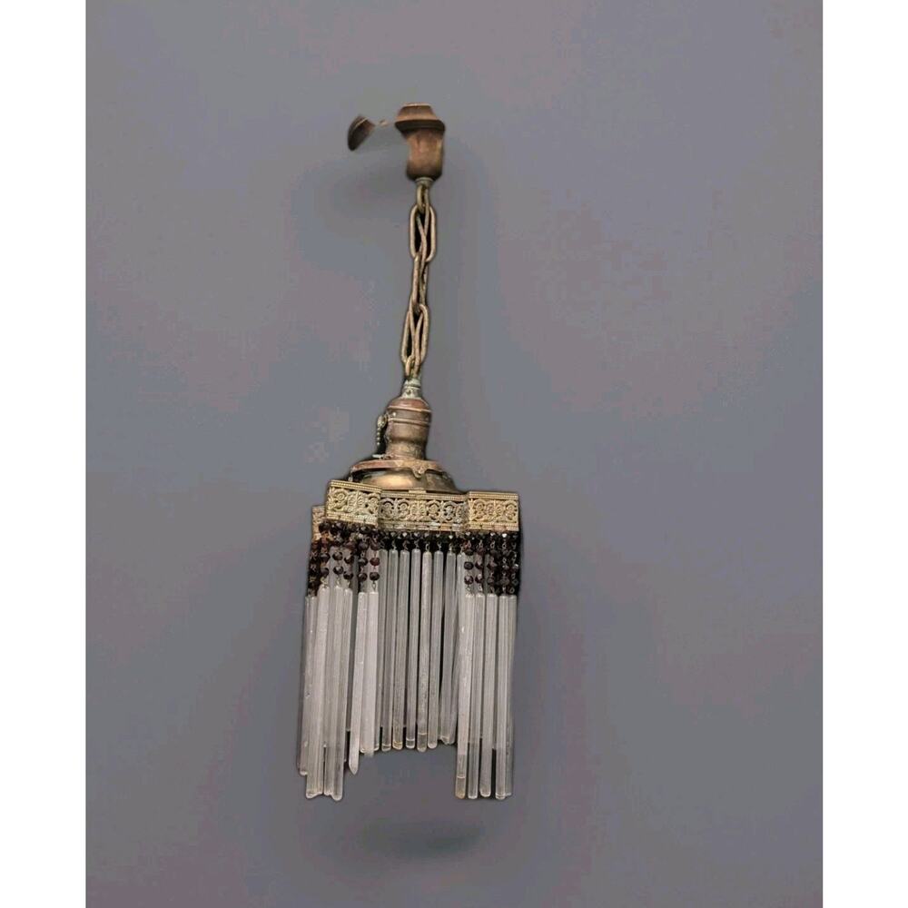 French Art Deco Chandelier Filigree Brass Glass Rods Straws & Beads 20 In